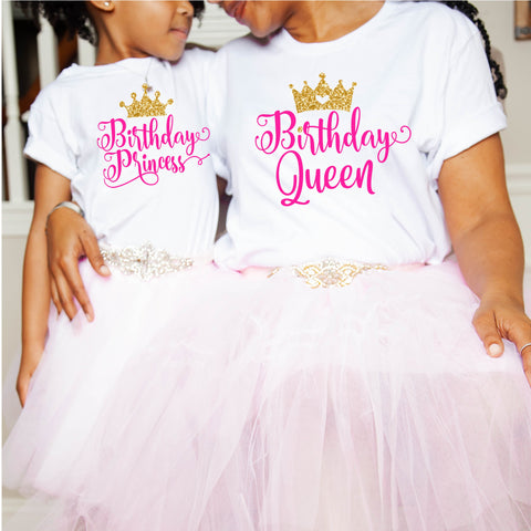 Matching mom and daughter tshirts that say birthday queen and birthday princess in hot pink