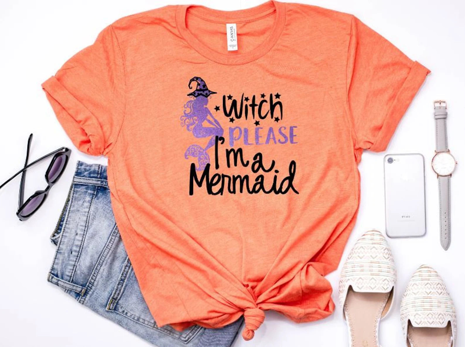 witch please, I'm a mermaid orange and purple womens halloween tshirt