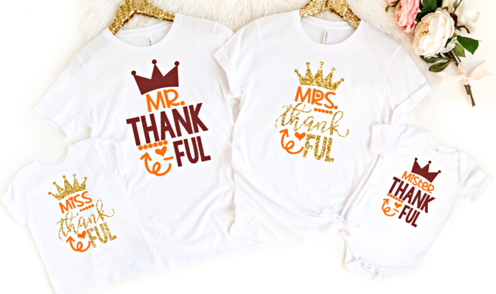 mr and mrs family thankful tshirts in gold glitter for fall thanksgiving - newborn announcement