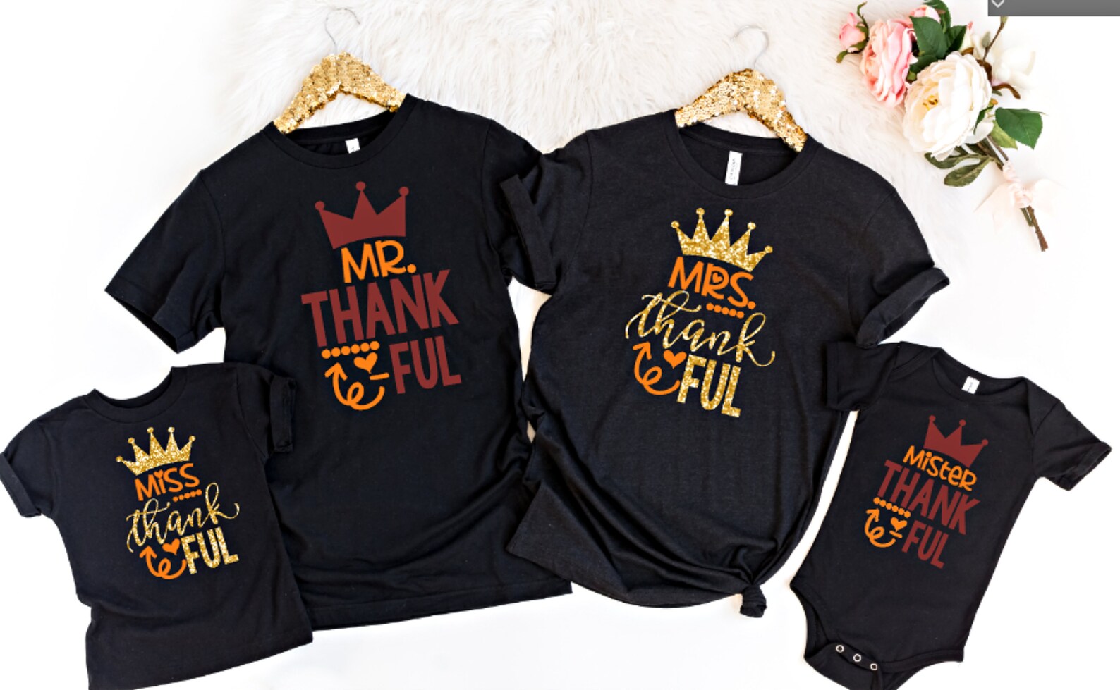 mr and mrs family thankful tshirts in gold glitter for fall thanksgiving - newborn announcement