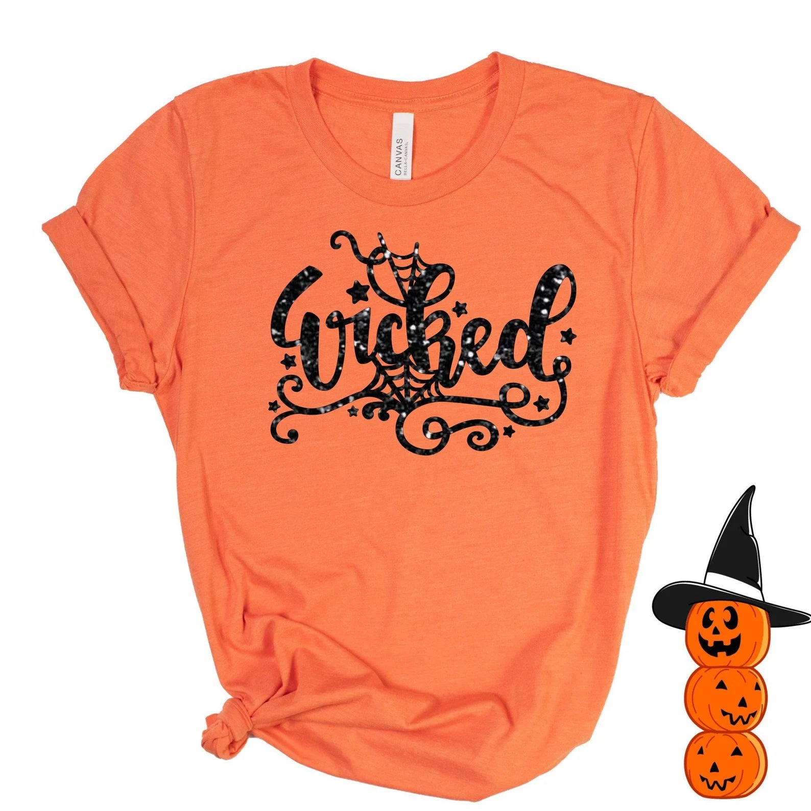 Womens Orange Wicked Halloween tshirt with spider webs