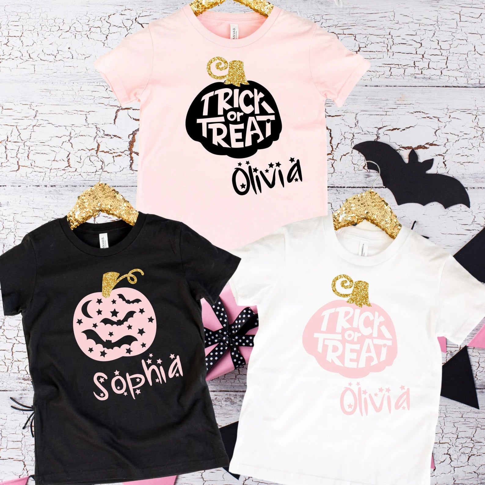 kid girls trick or treat halloween tshirt with personalized name